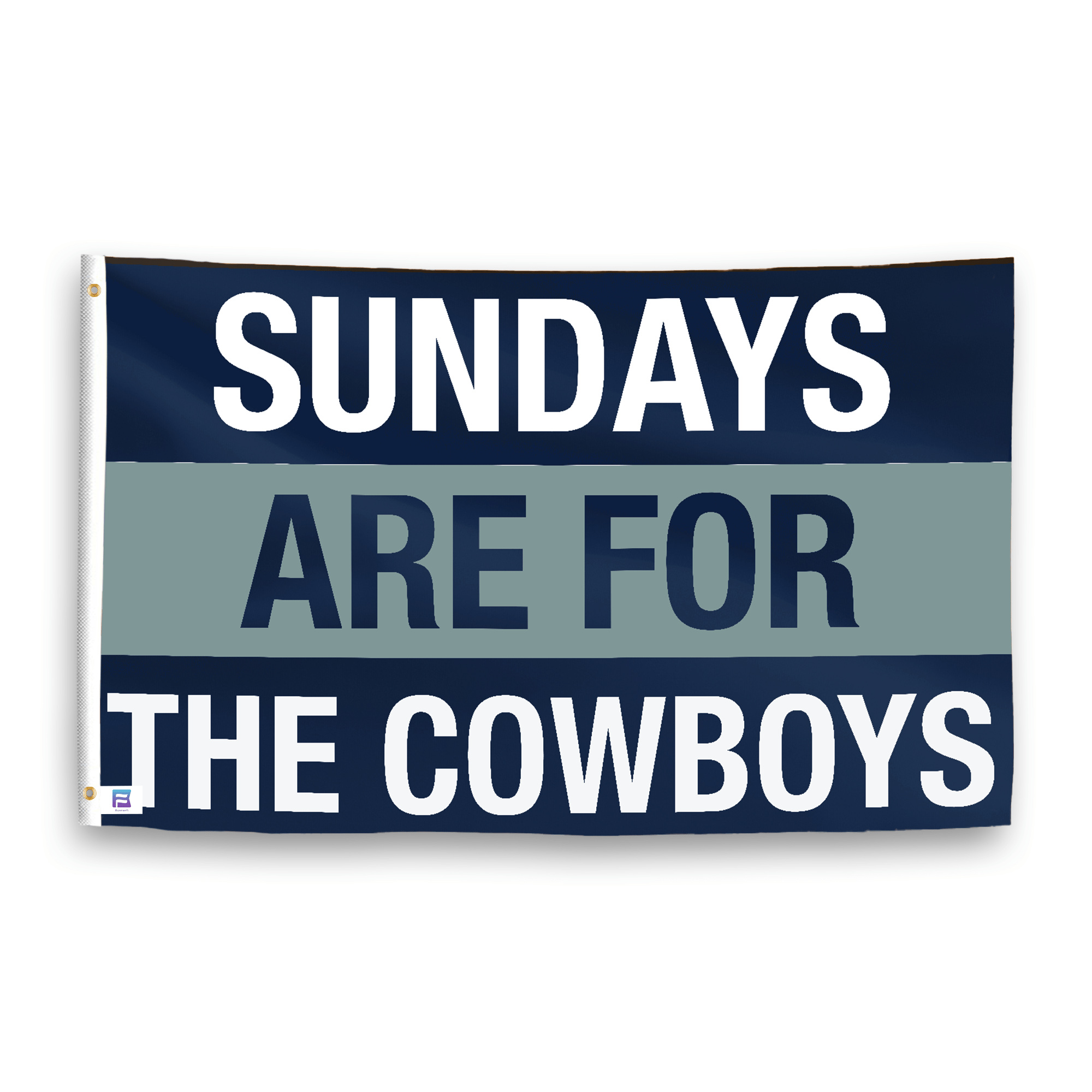 A flag with the saying "https://www.dropbox.com/scl/fi/leebbyiiqmpr88sodq60n/sundays-are-for-the-cowboys_ripple.png?rlkey=h7wmo7xnnuwp95qsjyaqagjra&raw=1", with the sports team color scheme.