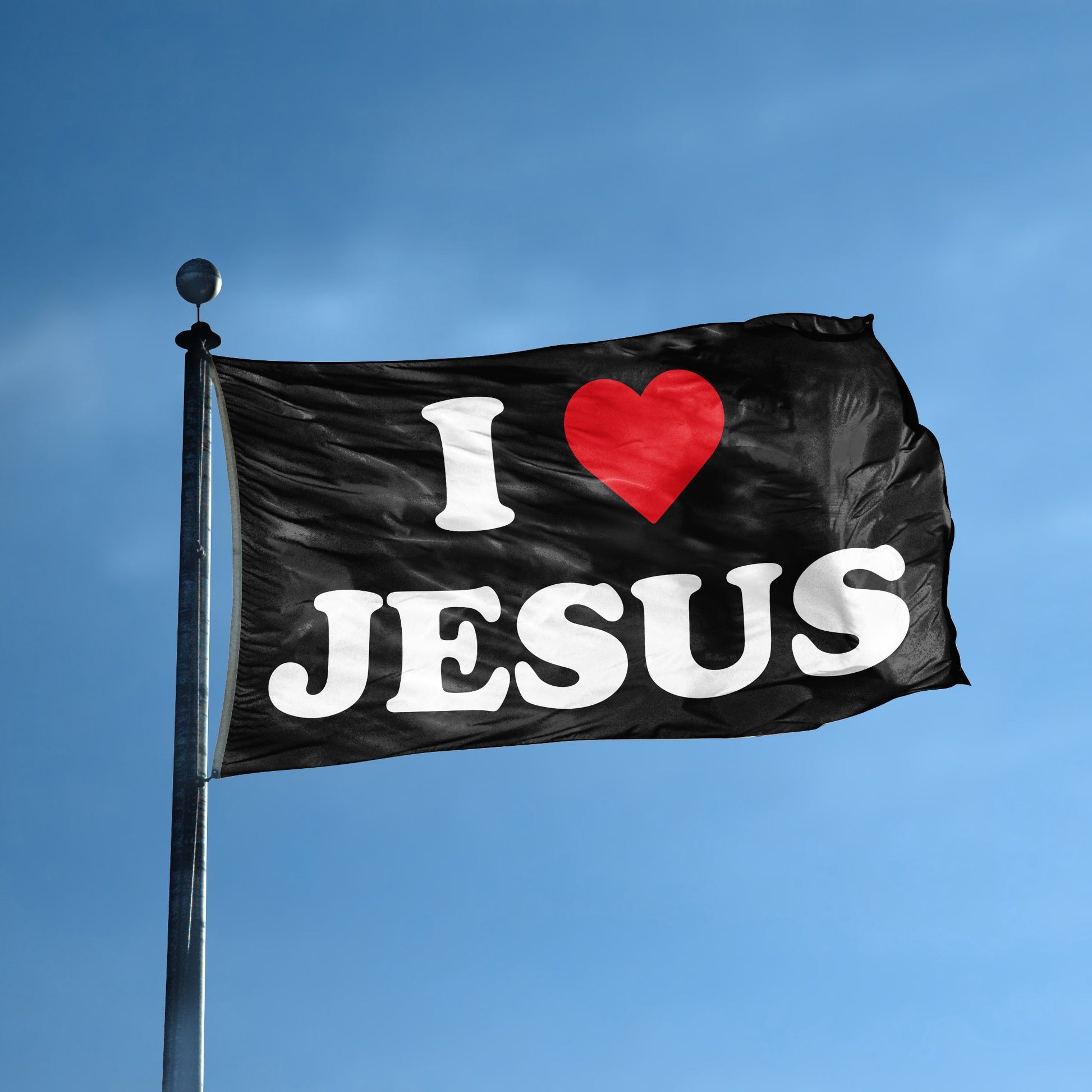 A flag with the saying "I Love Jesus" displayed on a high pole, with a black, white and red color scheme.