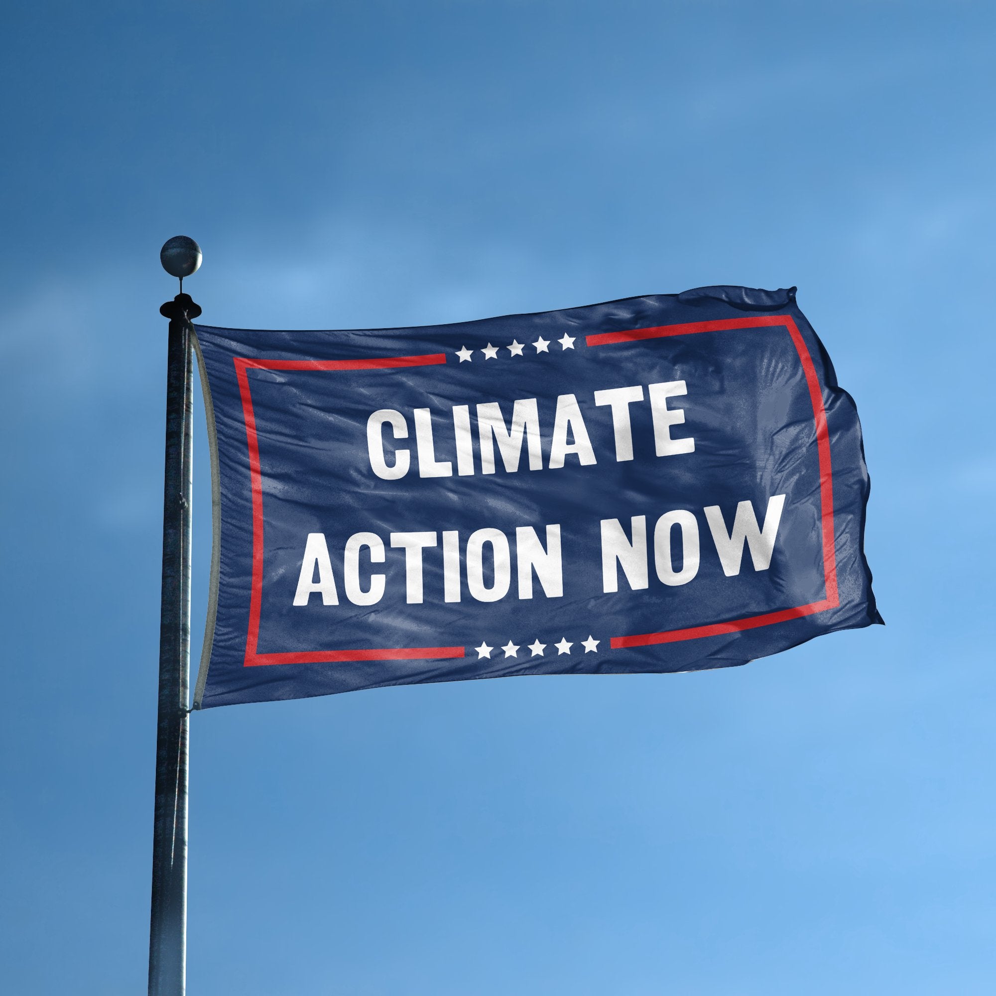 A flag with the saying "Climate Action Now Political" displayed on a high pole, with a red, white, and blue color scheme.