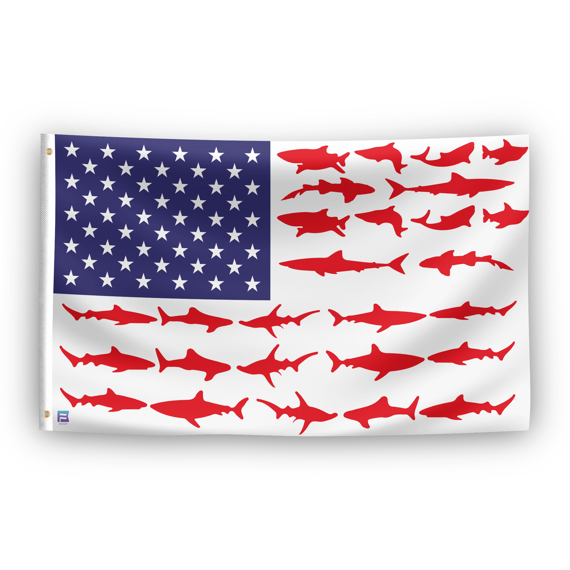 An american flag with the red stripes changed to match the theme "Shark Stripes American".