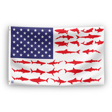 Load image into Gallery viewer, An american flag with the red stripes changed to match the theme &quot;Shark Stripes American&quot;.
