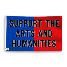 Load image into Gallery viewer, A dual-tone flag containing a political slogan, with a smooth royal blue and deep crimson texture. 
