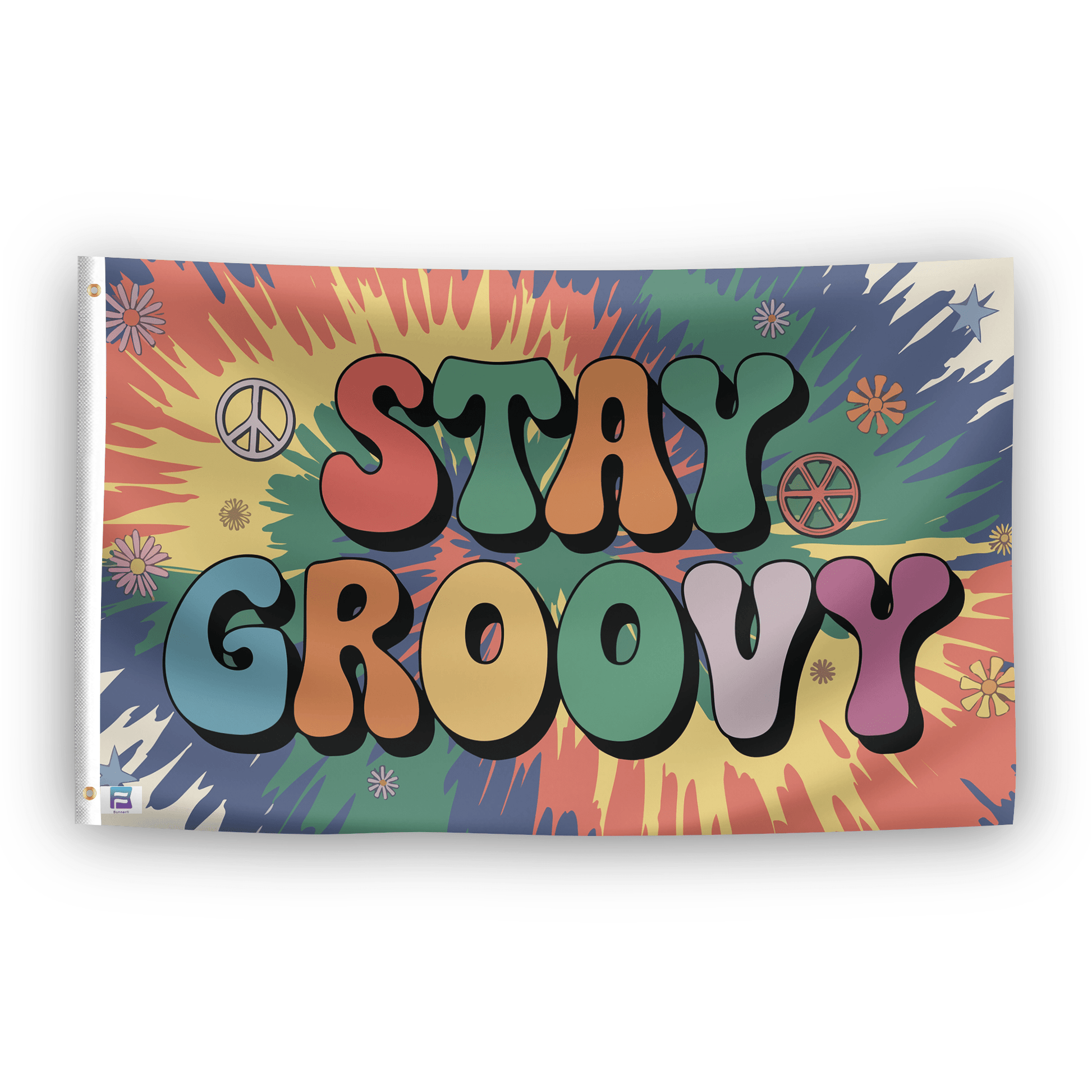 A flag with the saying "Stay Groovy", with a tie dye style color scheme.