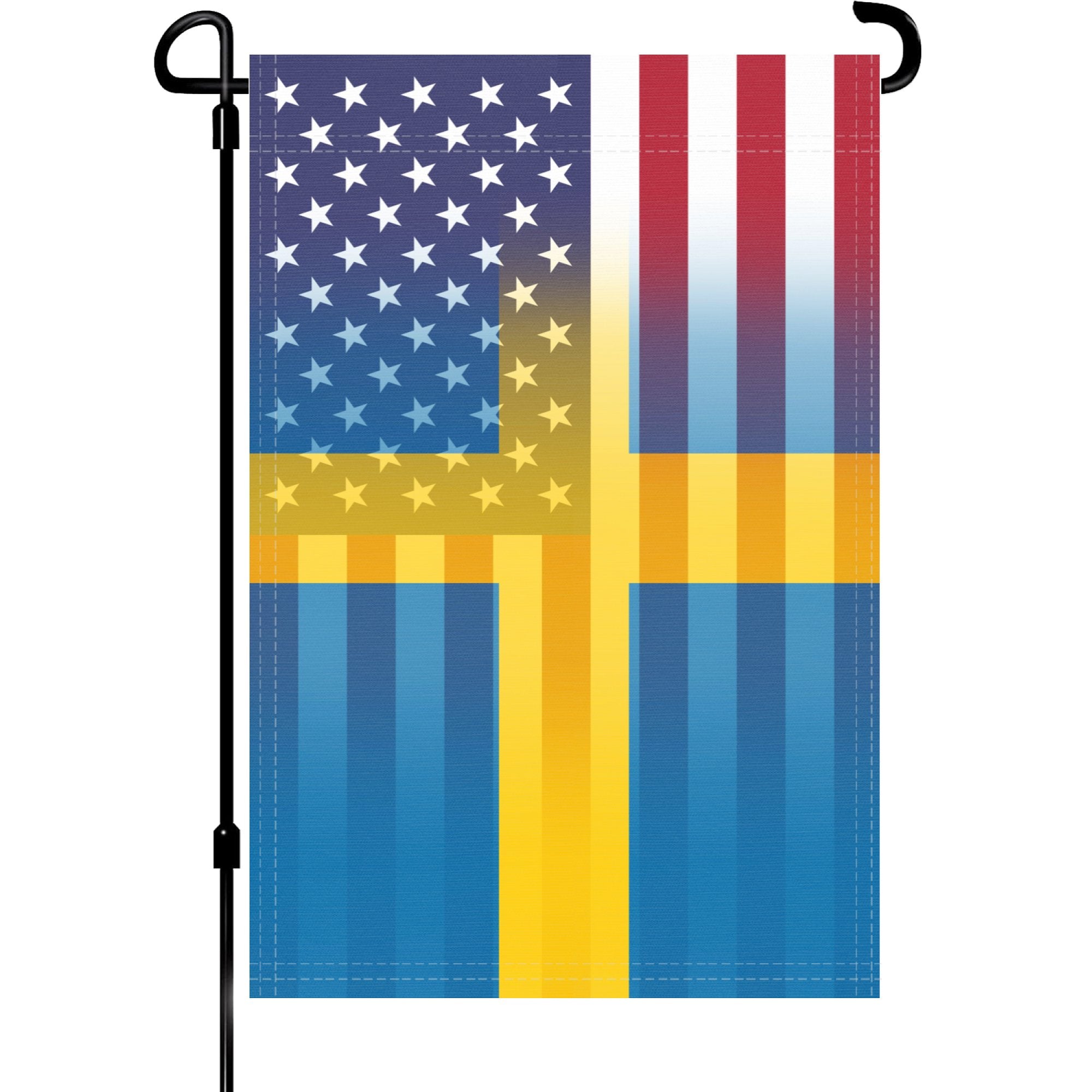 A garden flag on a pole with the Swedish American flag design seamlessly blended with the American flag.