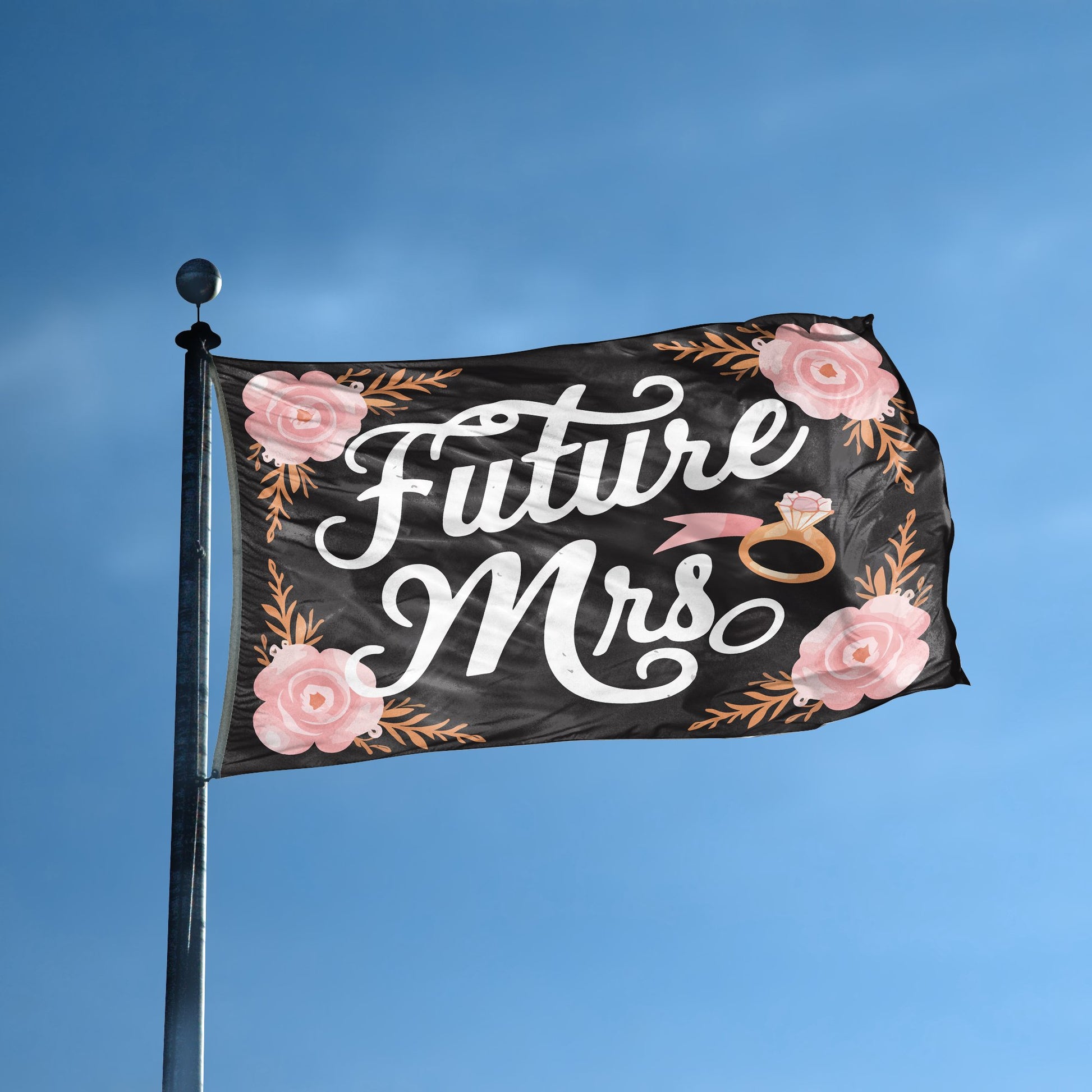 A flag with the saying "Future Mrs" displayed on a high pole, with a special occasion color scheme.