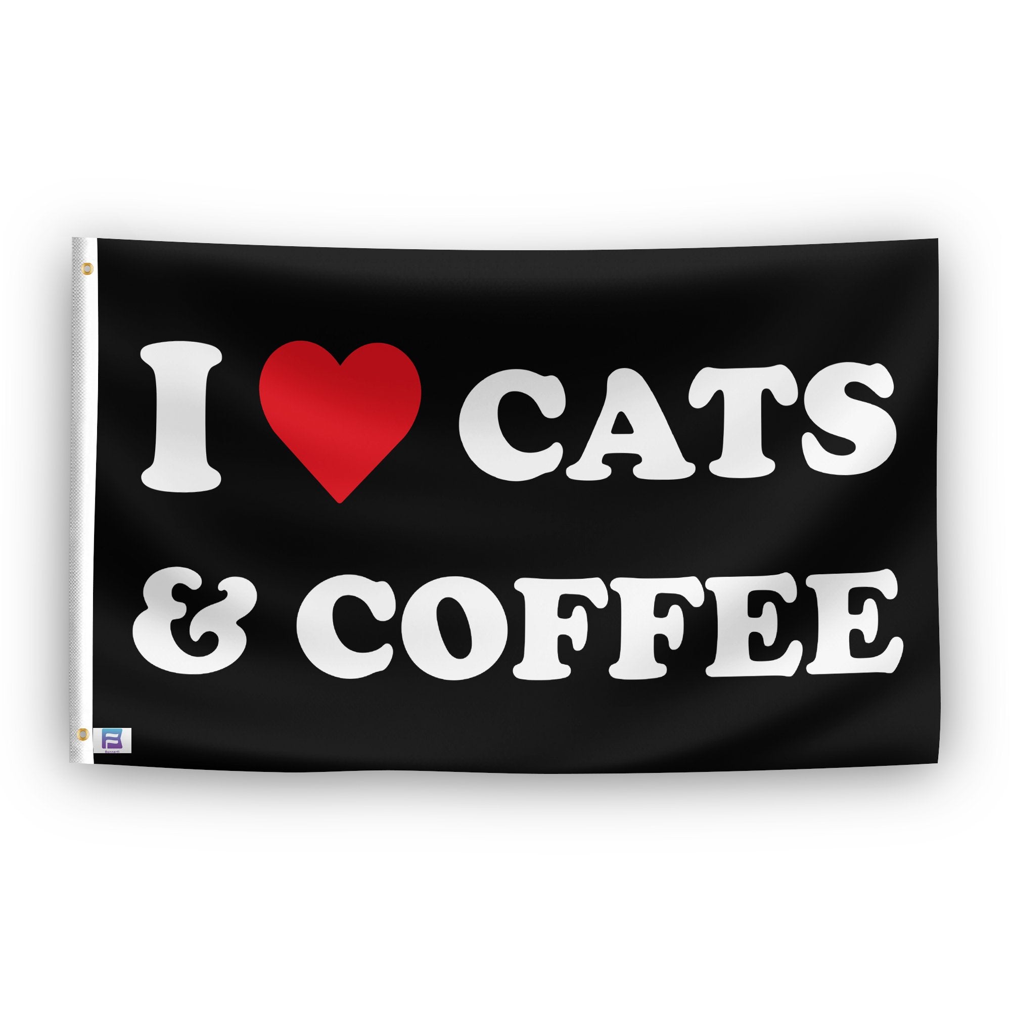 A flag with the saying "I Love Cats And Coffee", with a black, white and red color scheme.