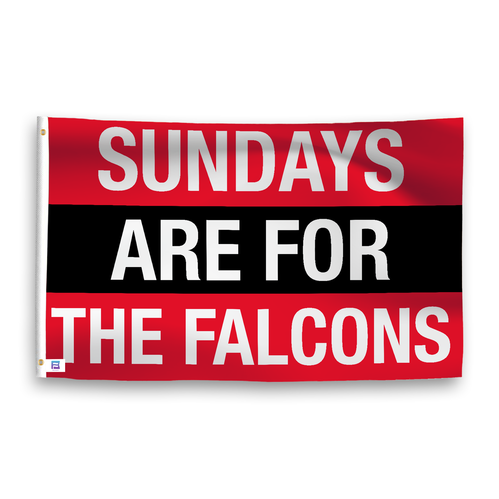 A flag with the saying "https://www.dropbox.com/scl/fi/pbtoxdkqr34o8t7yyro6c/sundays-are-for-the-falcons_ripple.png?rlkey=f88fvxp56i26fgy1636it45wd&raw=1", with the sports team color scheme.