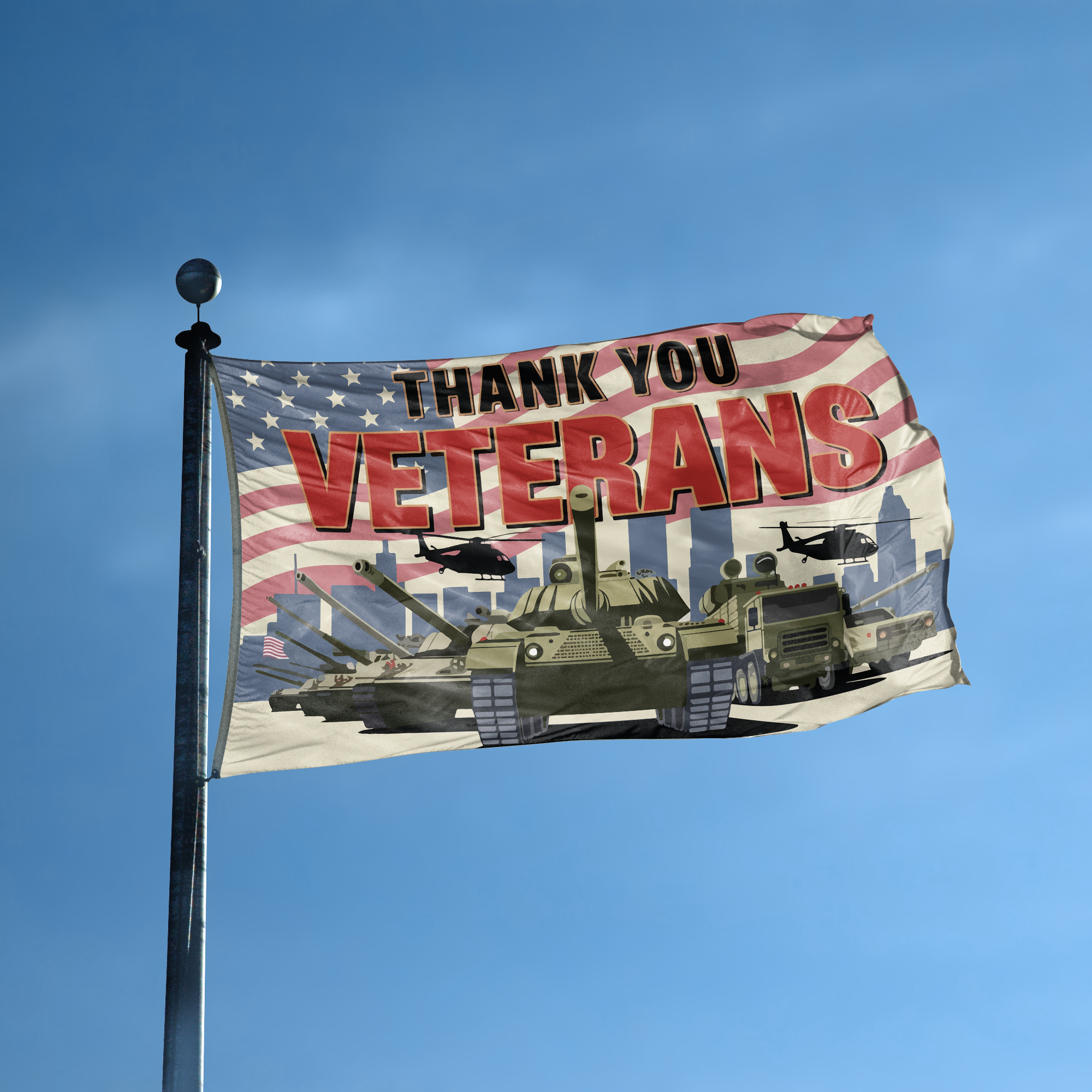 A flag with the saying "Thank You Veterans" displayed on a high pole, with a holiday themed color scheme.