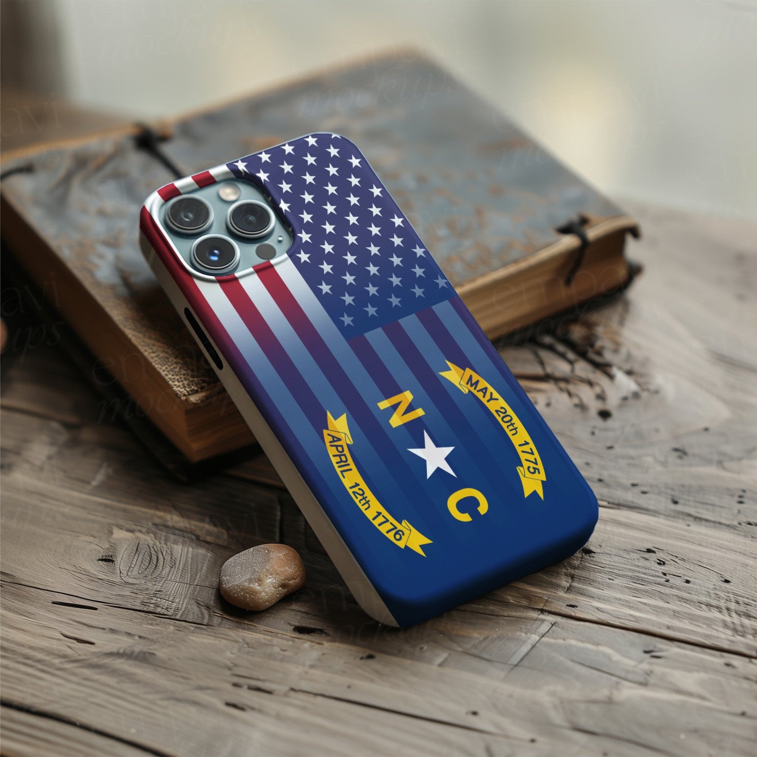 Digital download of a blended US and North Carolina flag on a phone case, merging American stars & stripes with North Carolina’s emblem.