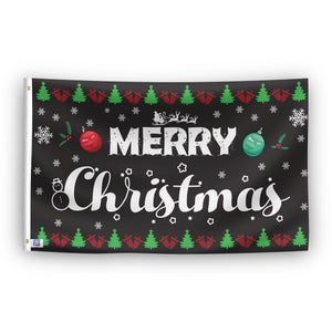 A flag with the saying "Merry Christmas", with a holiday themed color scheme.