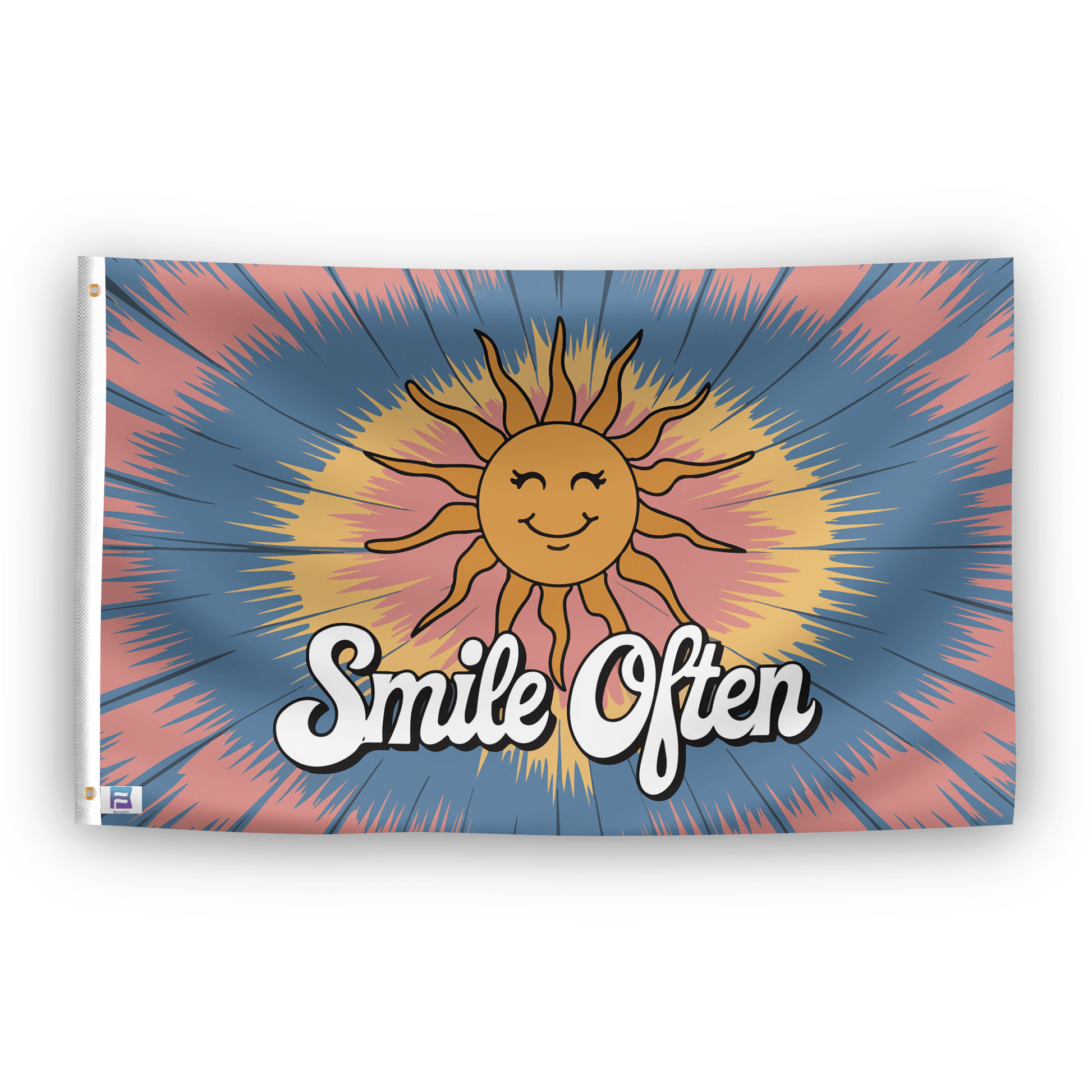 A flag with the saying "Smile Often 70s Style", with a tie dye style color scheme.