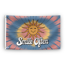 Load image into Gallery viewer, A flag with the saying &quot;Smile Often 70s Style&quot;, with a tie dye style color scheme.
