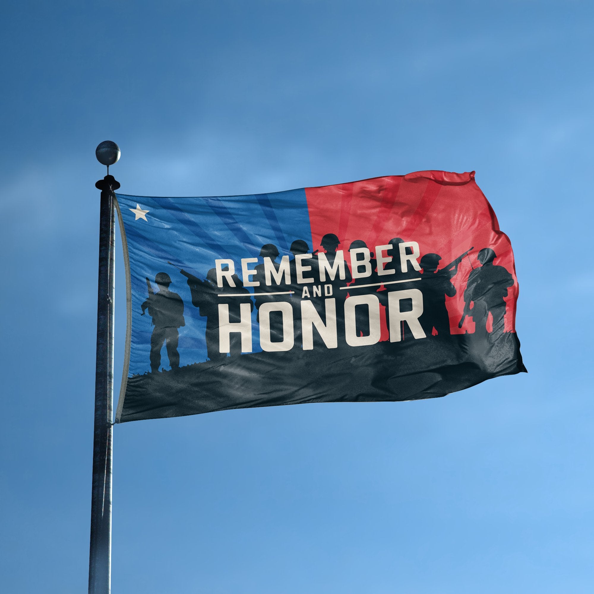 A flag with the saying "Remember And Honor" displayed on a high pole, with a holiday themed color scheme.