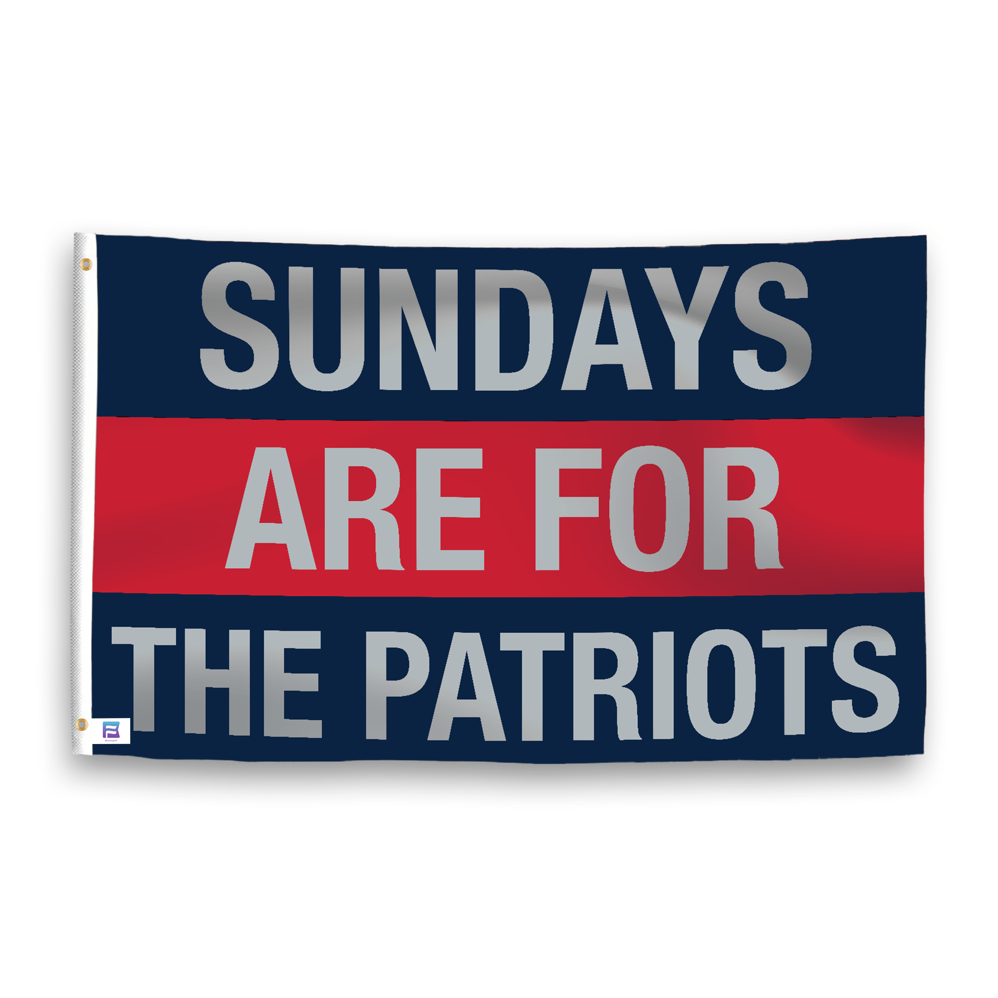 A flag with the saying "https://www.dropbox.com/scl/fi/7u88txeah81rjgvuj5hd1/sundays-are-for-the-patriots_ripple.png?rlkey=8ws5x8pylb2flrlgexc0osg3w&raw=1", with the sports team color scheme.