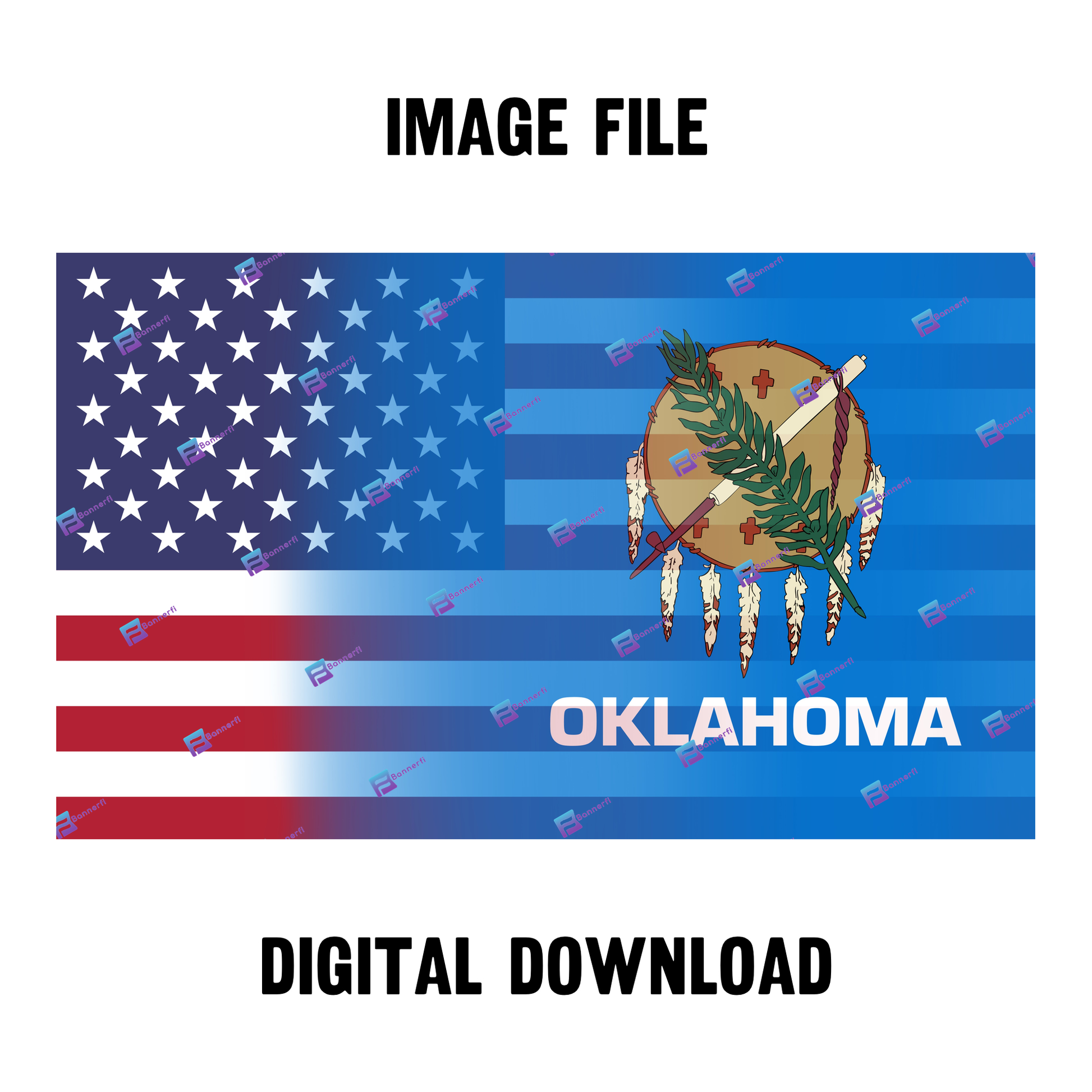Digital download of a blended US and Oklahoma flag, merging American stars & stripes with Oklahoma’s colors. 