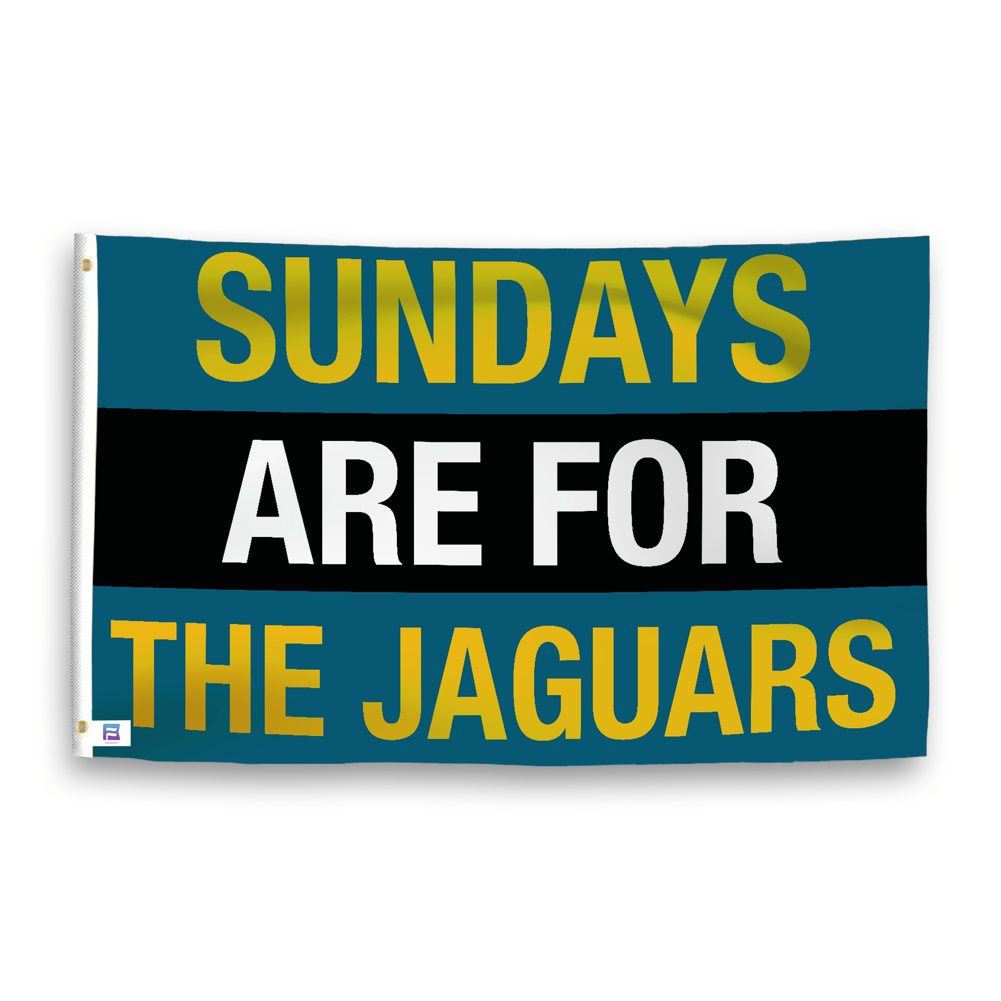 A flag with the saying "https://www.dropbox.com/scl/fi/sr6wkgjxuhpjj2s077186/sundays-are-for-the-jaguars_ripple.png?rlkey=g0uayuuwjnyss35vklbux53yf&raw=1", with the sports team color scheme.