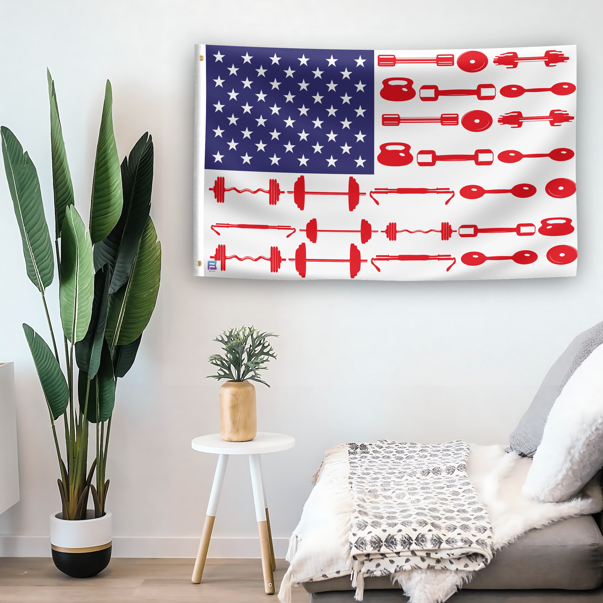 In a home setting, an american flag with the theme "Weight Lifting Stripes American" is mounted on a white wall by a side table.