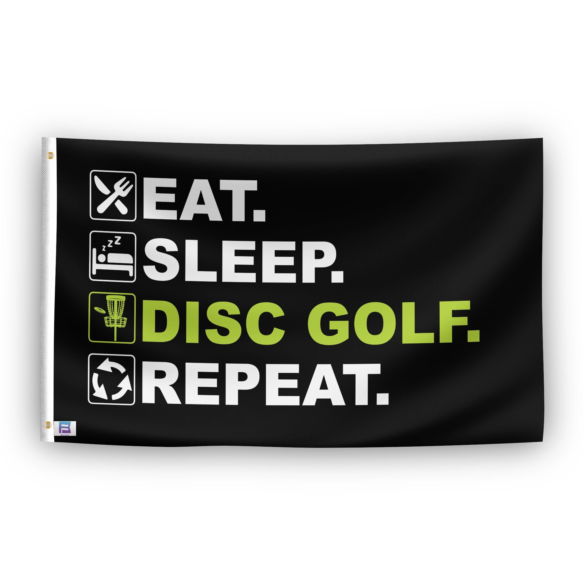 A flag with the saying "Eat Sleep Disc Golf Repeat", with a black, white and themed color scheme.