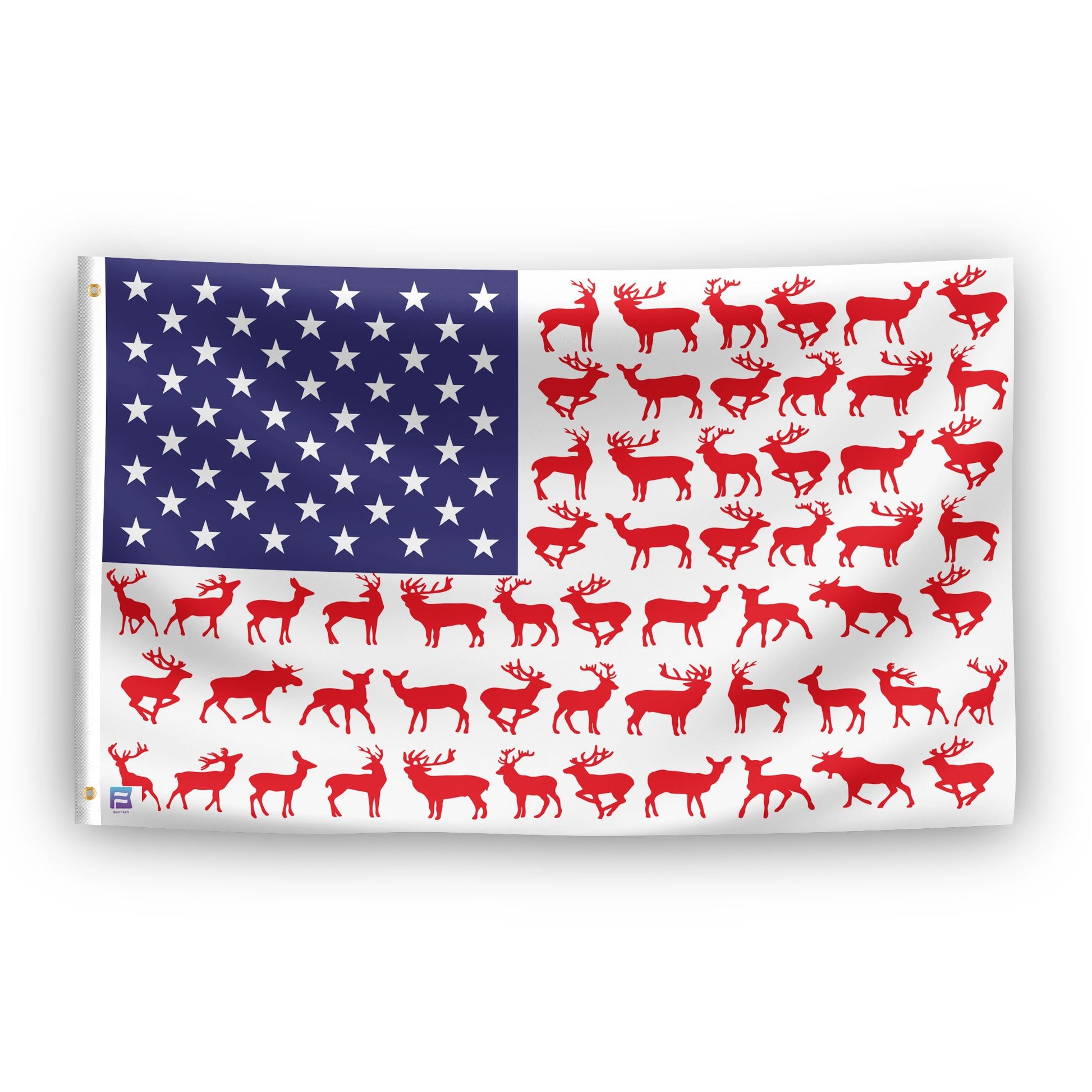 An american flag with the red stripes changed to match the theme "Deer Stripes American".