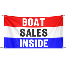 Load image into Gallery viewer, A business banner with the saying &quot;Boat Sales Inside&quot;, with a red, white, and blue color scheme.
