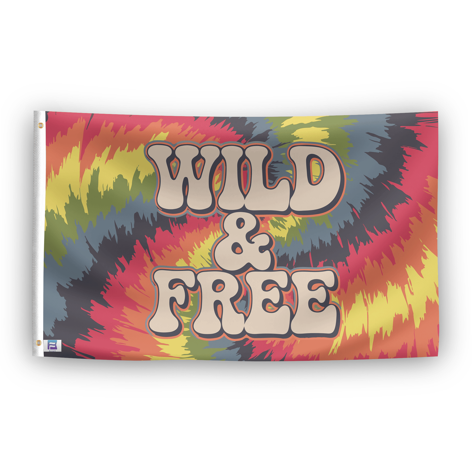 A flag with the saying "Wild and Free", with a tie dye style color scheme.