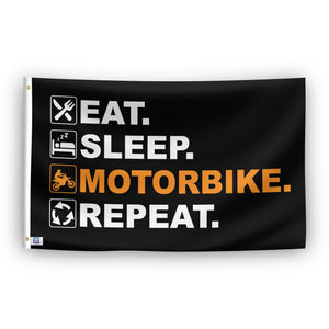 A flag with the saying "Eat Sleep Motorbike Repeat", with a black, white and themed color scheme.