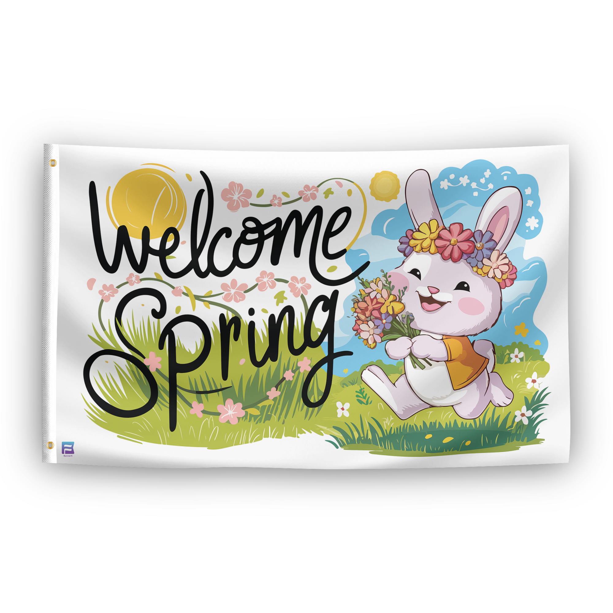 A flag with the saying "Welcome Spring", with a special occasion color scheme.