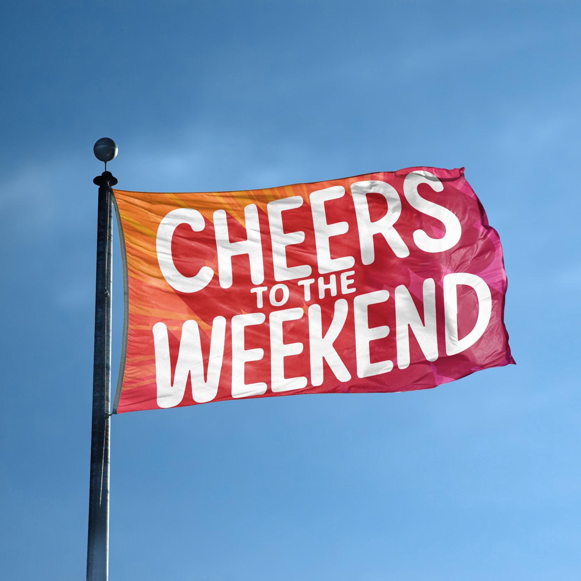 A flag with the saying "Cheers To The Weekend Celebration" displayed on a high pole, with a special occasion color scheme.