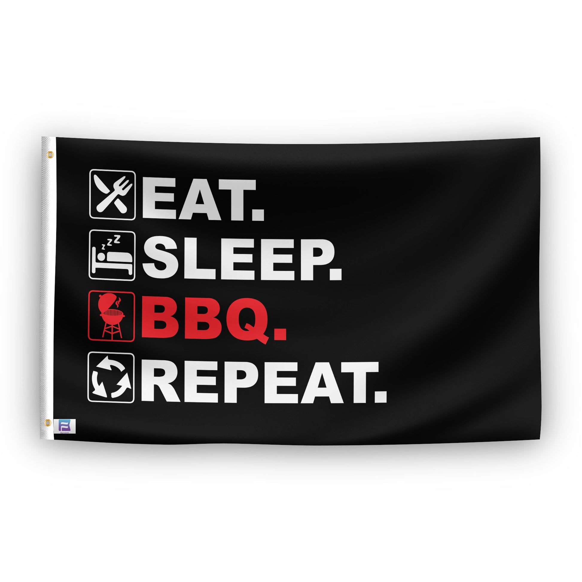 A flag with the saying "Eat Sleep BBQ Repeat", with a black, white and themed color scheme.