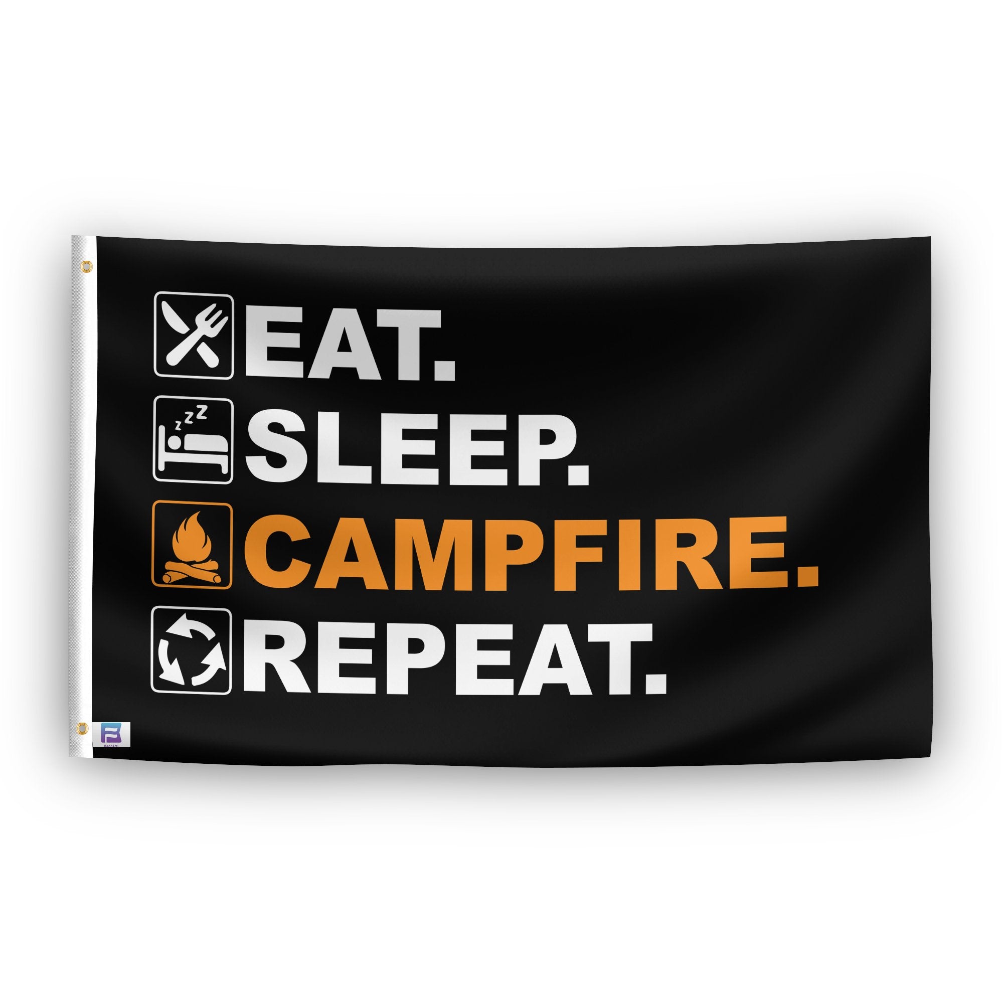 A flag with the saying "Eat Sleep Campfire Repeat", with a black, white and themed color scheme.