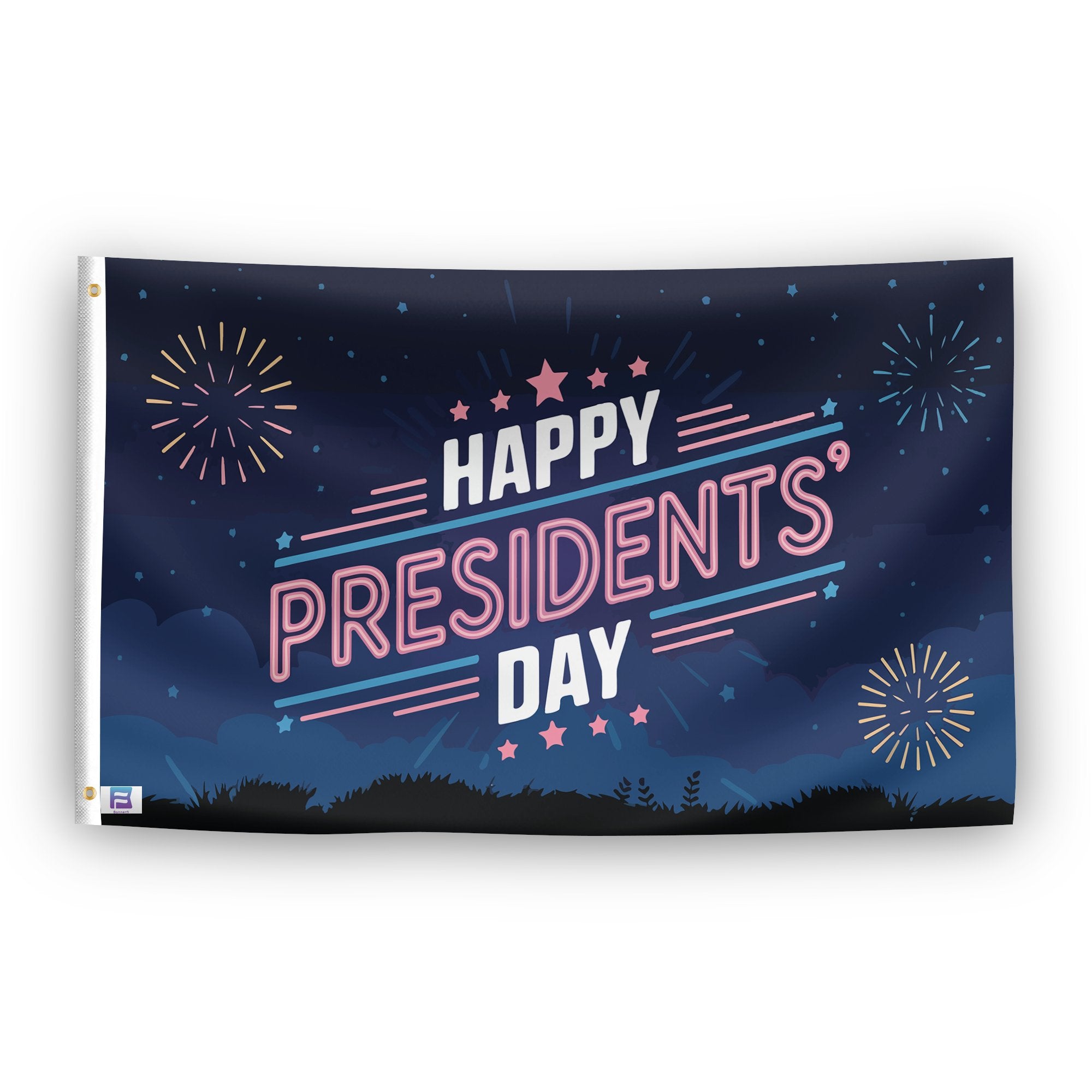 A flag with the saying "Presidents' Day", with a holiday themed color scheme.