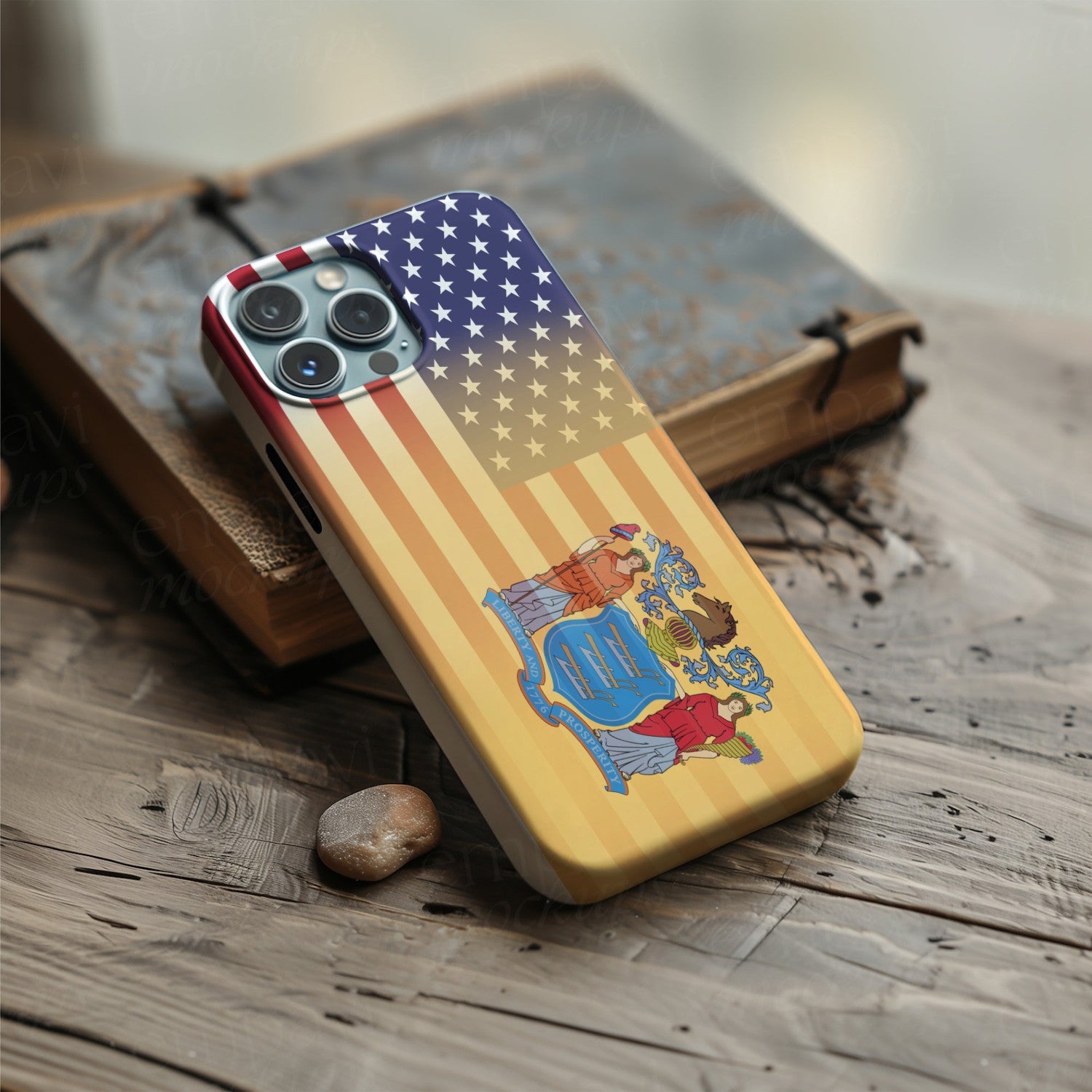 Digital download of a blended US and New Jersey flag on a phone case, merging American stars & stripes with New Jersey’s emblem.