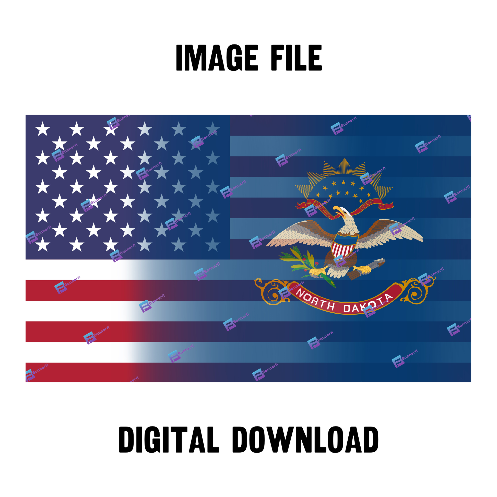 Digital download of a blended US and North Dakota flag, merging American stars & stripes with North Dakota’s colors. 