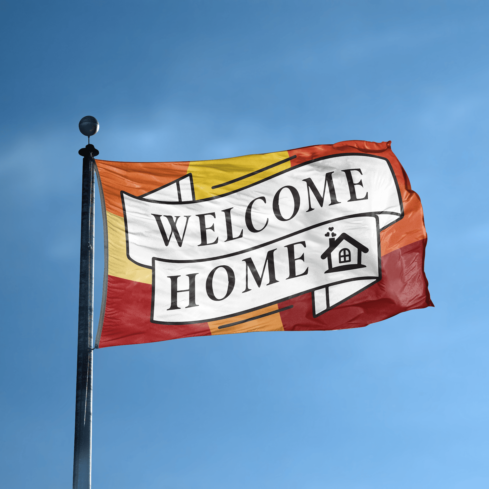 A flag with the saying "Welcome Home" displayed on a high pole, with a special occasion color scheme.