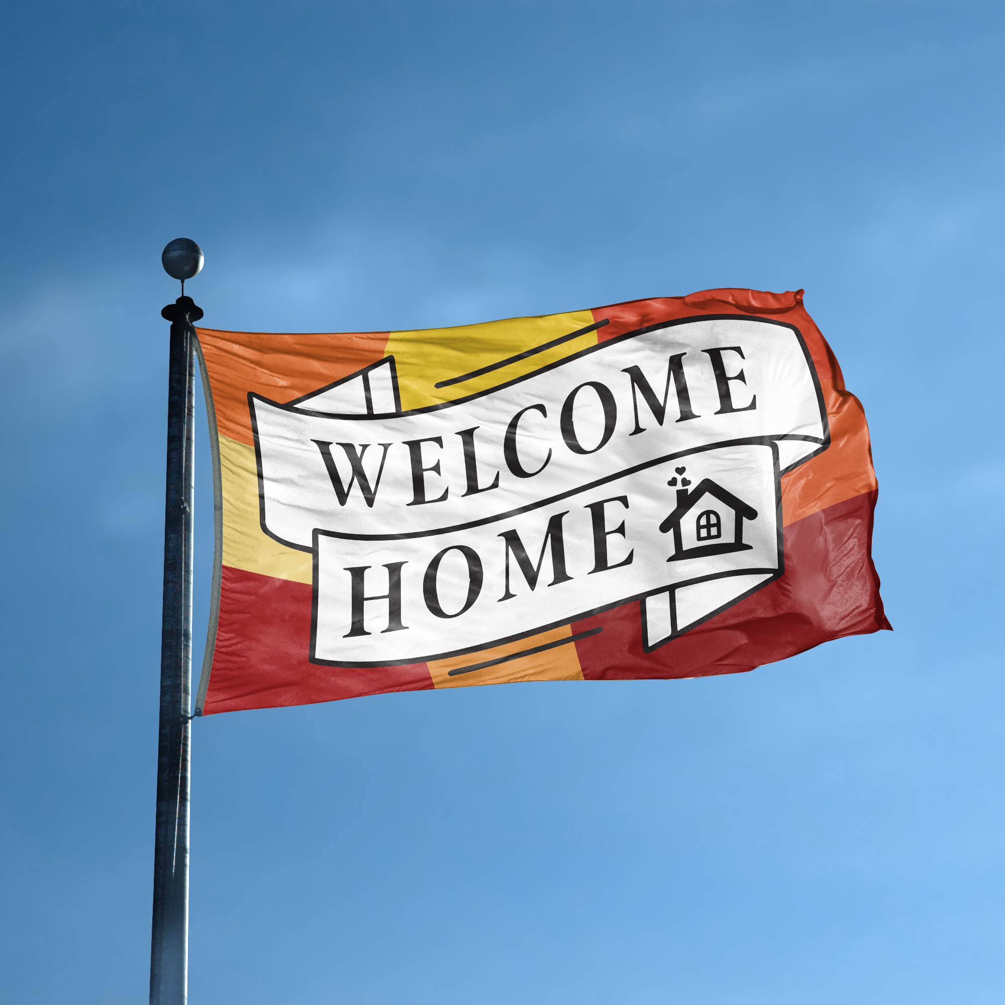 A flag with the saying "Welcome Home" displayed on a high pole, with a special occasion color scheme.