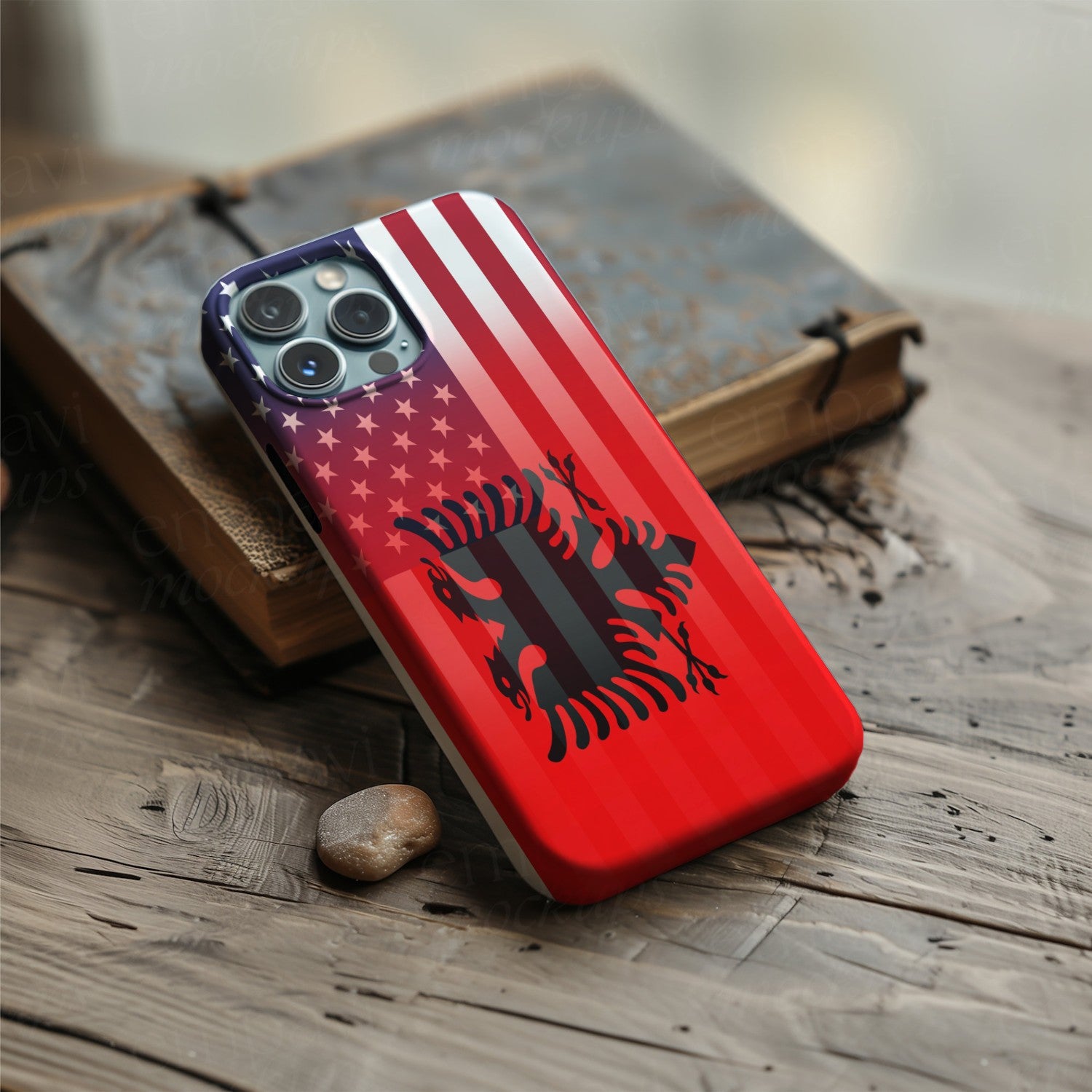 Digital download of a blended US and Albanian flag on a phone case, merging American stars & stripes with Albanian’s emblem.