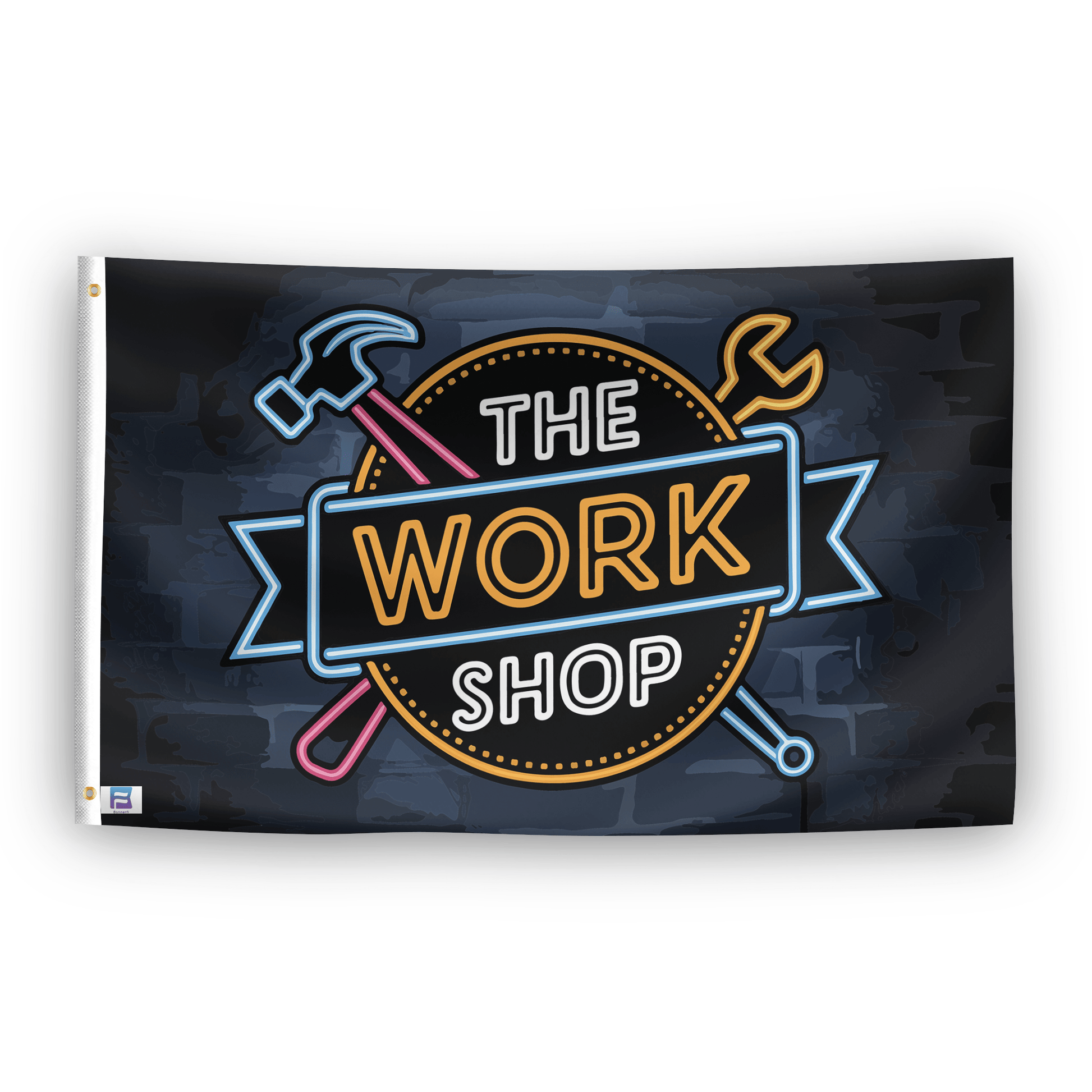 A flag with the saying "The Work Shop", with a neon style color scheme.