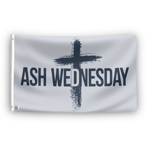 A flag with a grey background featuring a large cross and the text 'ASH WEDNESDAY' in bold, capital letters.