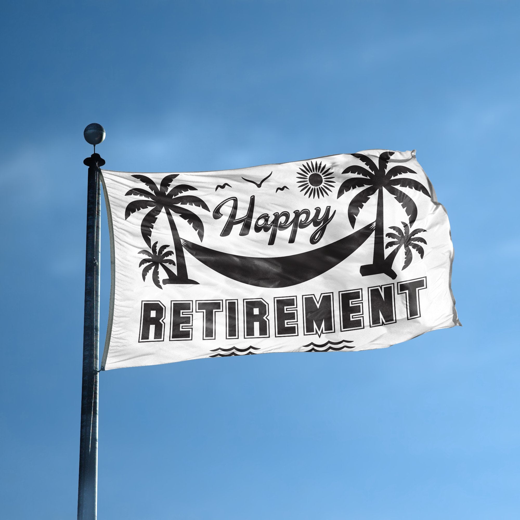 A flag with the saying "Happy Retirement Gift" displayed on a high pole, with a special occasion color scheme.