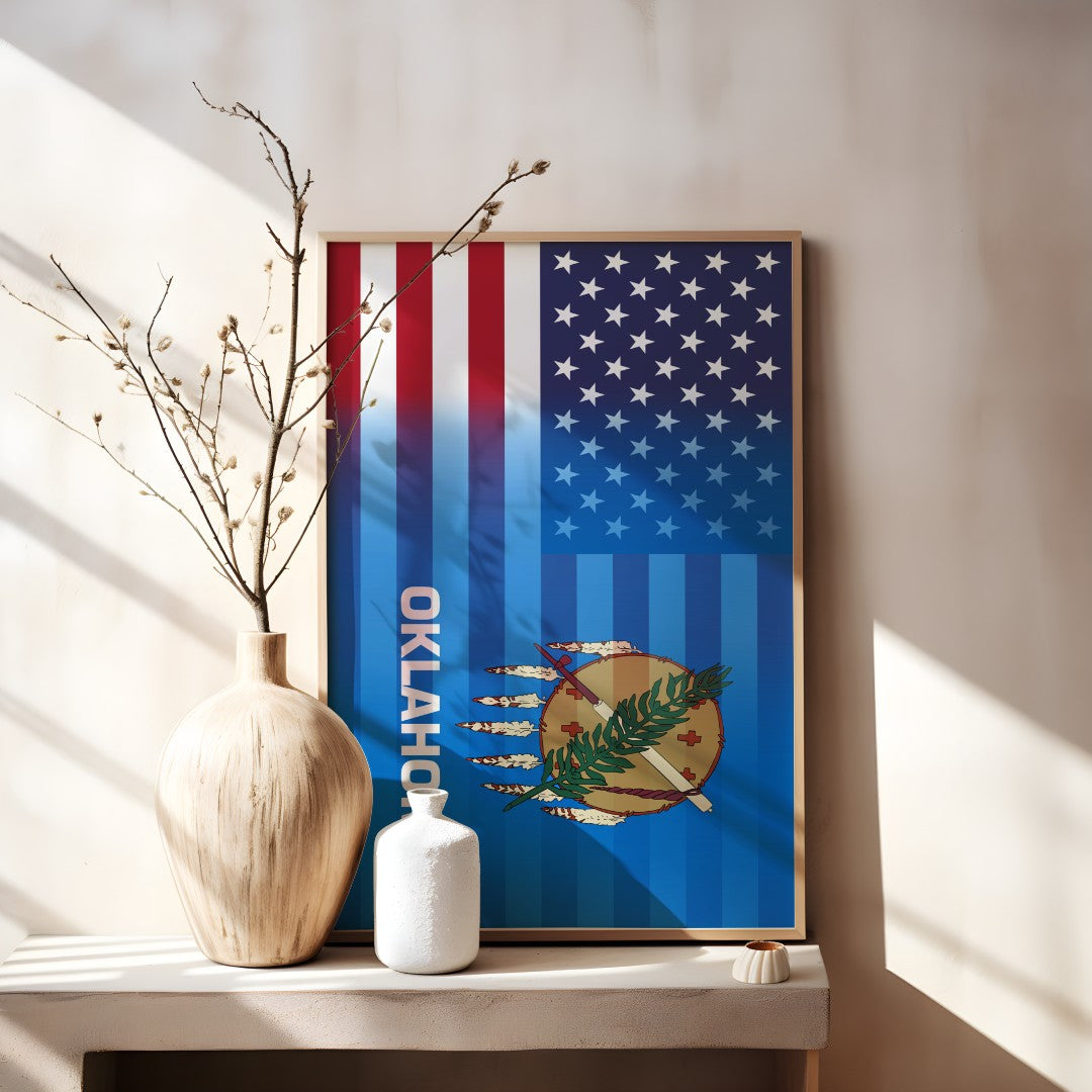 Blended US and Oklahoma flag print in a wooden frame, showcasing American stars & stripes merged with Oklahoma’s emblem, displayed on a tabletop.