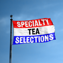 Load image into Gallery viewer, A business banner with the saying &quot;Specialty Tea Selections&quot; displayed on a high pole, with a red, white, and blue color scheme.
