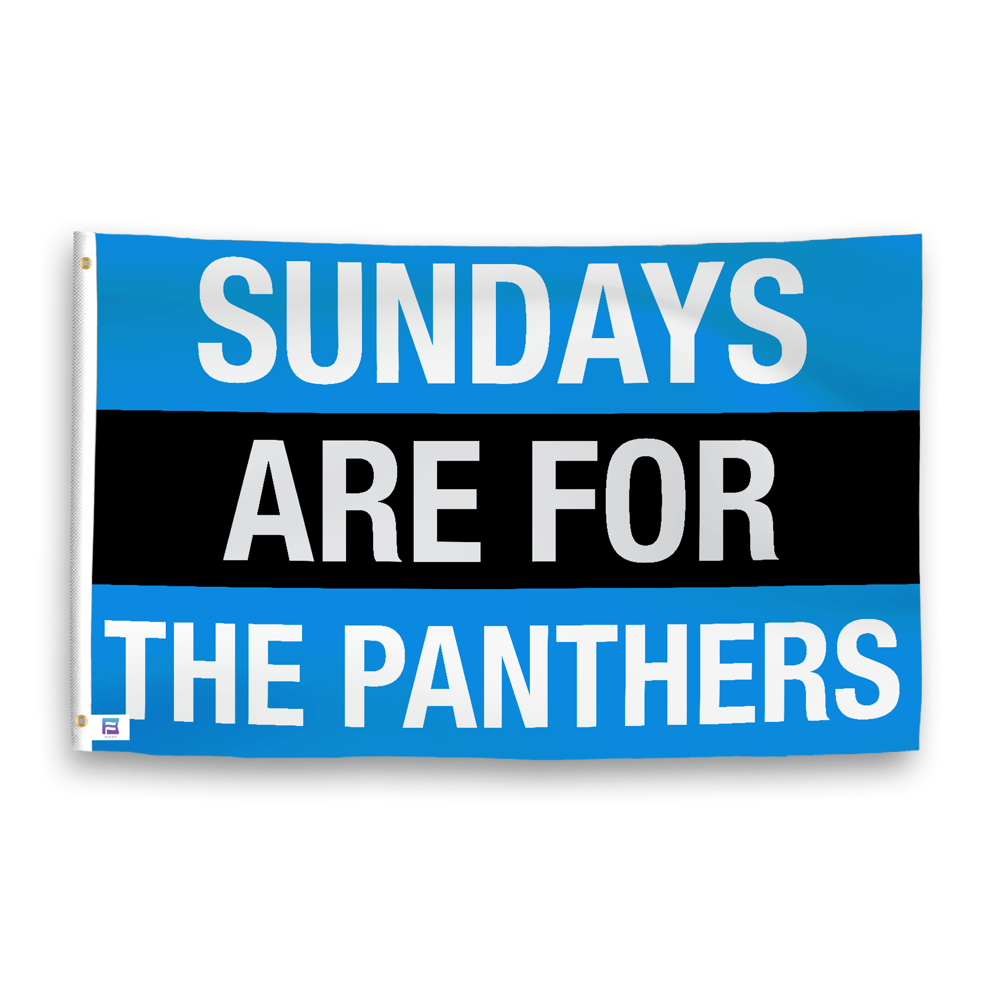 A flag with the saying "https://www.dropbox.com/scl/fi/qubsn02qjke63g73z39w3/sundays-are-for-the-panthers_ripple.png?rlkey=xq03qit75ee4jp1v2tk6la39t&raw=1", with the sports team color scheme.