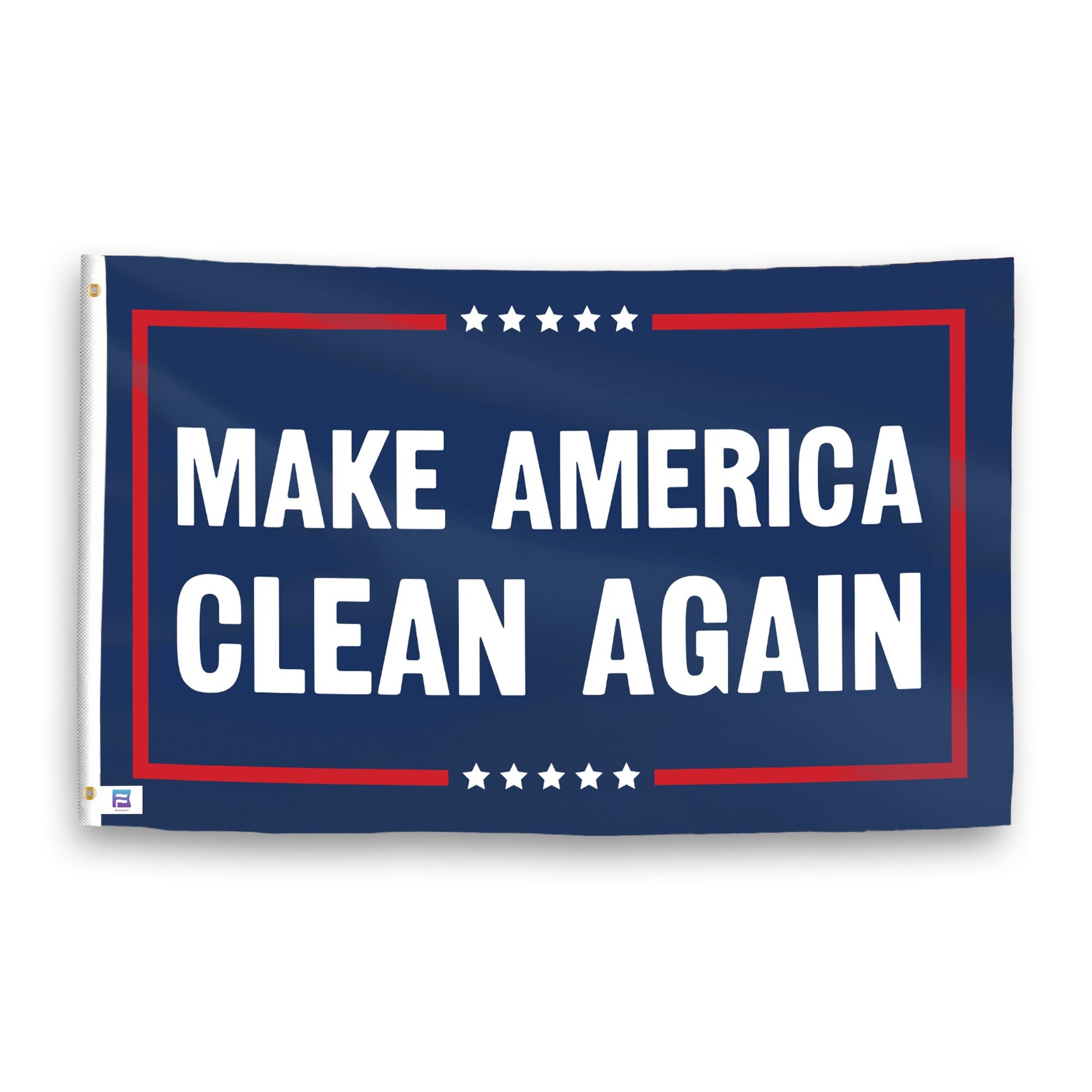 A political flag with the saying "https://www.dropbox.com/scl/fi/bu5doc0qv87yxicvba44j/make-america-clean-again_ripple.png?rlkey=7mmzt0o3s8wj1j6dodionh577&raw=1", with a red, white, and blue color scheme.