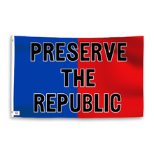 Load image into Gallery viewer, A dual-tone flag containing a political slogan, with a smooth royal blue and deep crimson texture. 
