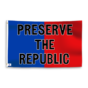 A dual-tone flag containing a political slogan, with a smooth royal blue and deep crimson texture. 