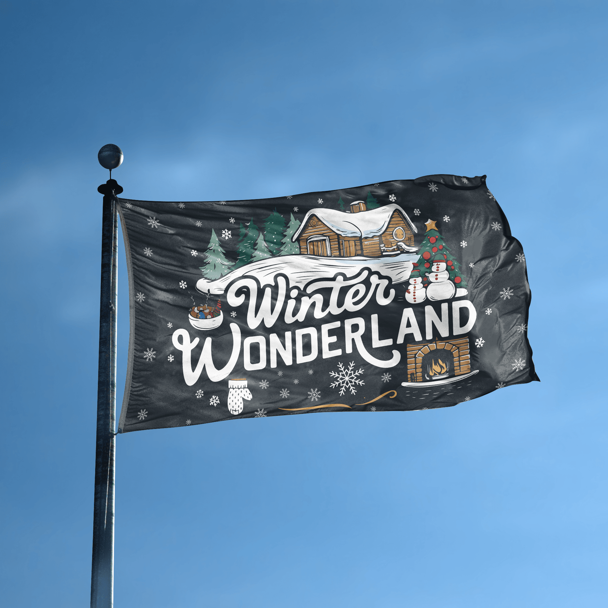 A flag with the saying "Winter Wonderland Seasonal" displayed on a high pole, with a special occasion color scheme.