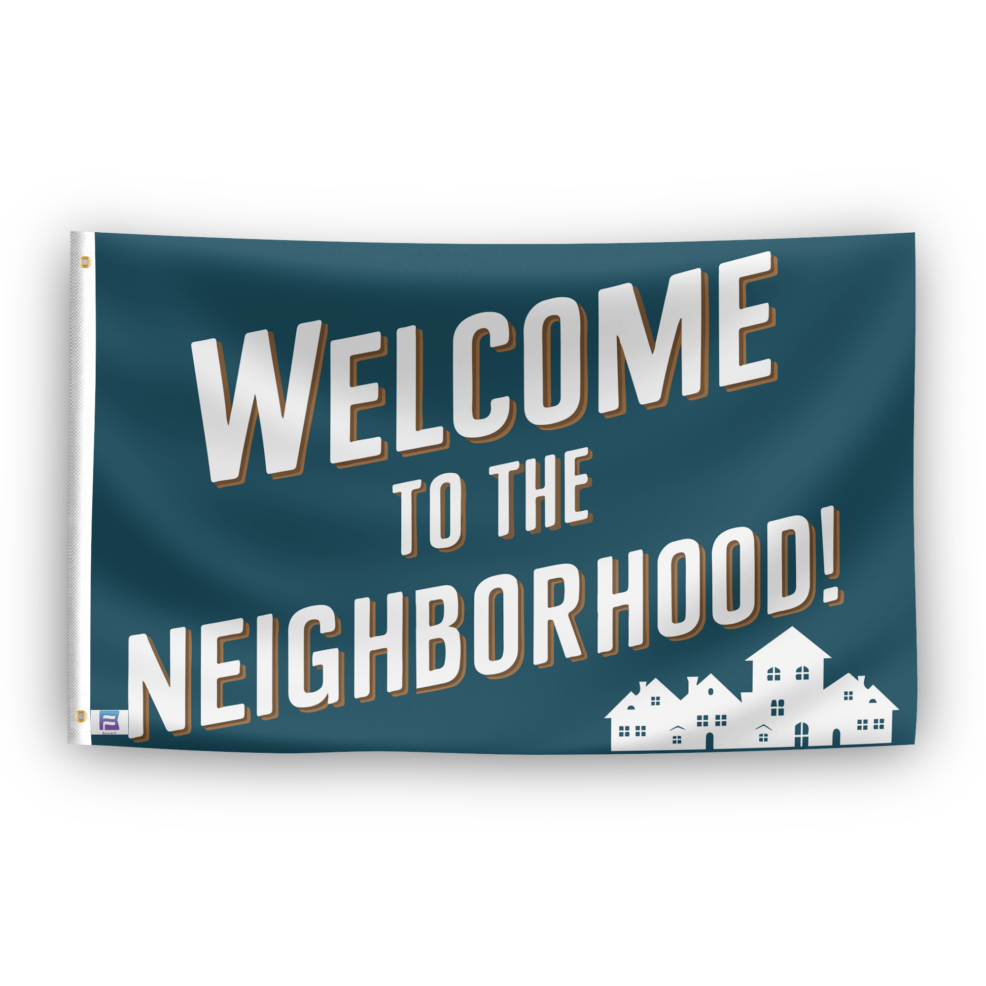 A flag with the saying "Welcome To The Neighborhood", with a special occasion color scheme.