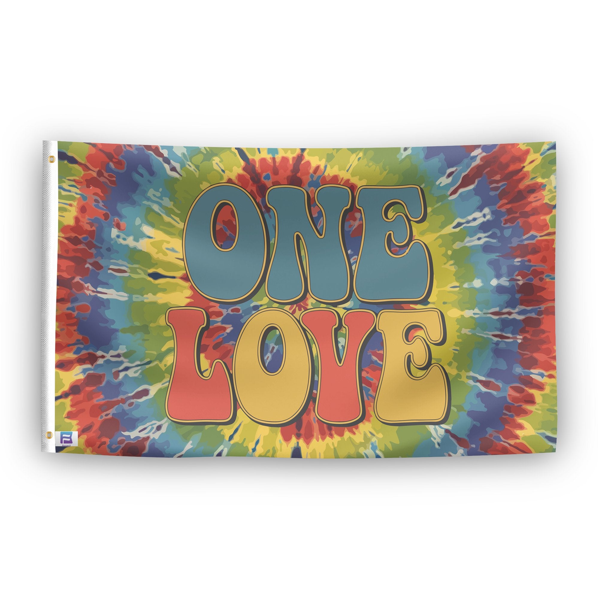 A flag with the saying "One Love", with a tie dye style color scheme.