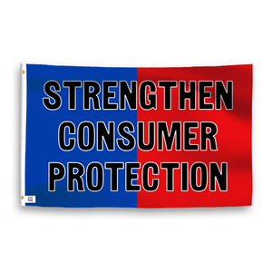 A dual-tone flag containing a political slogan, with a smooth royal blue and deep crimson texture. 