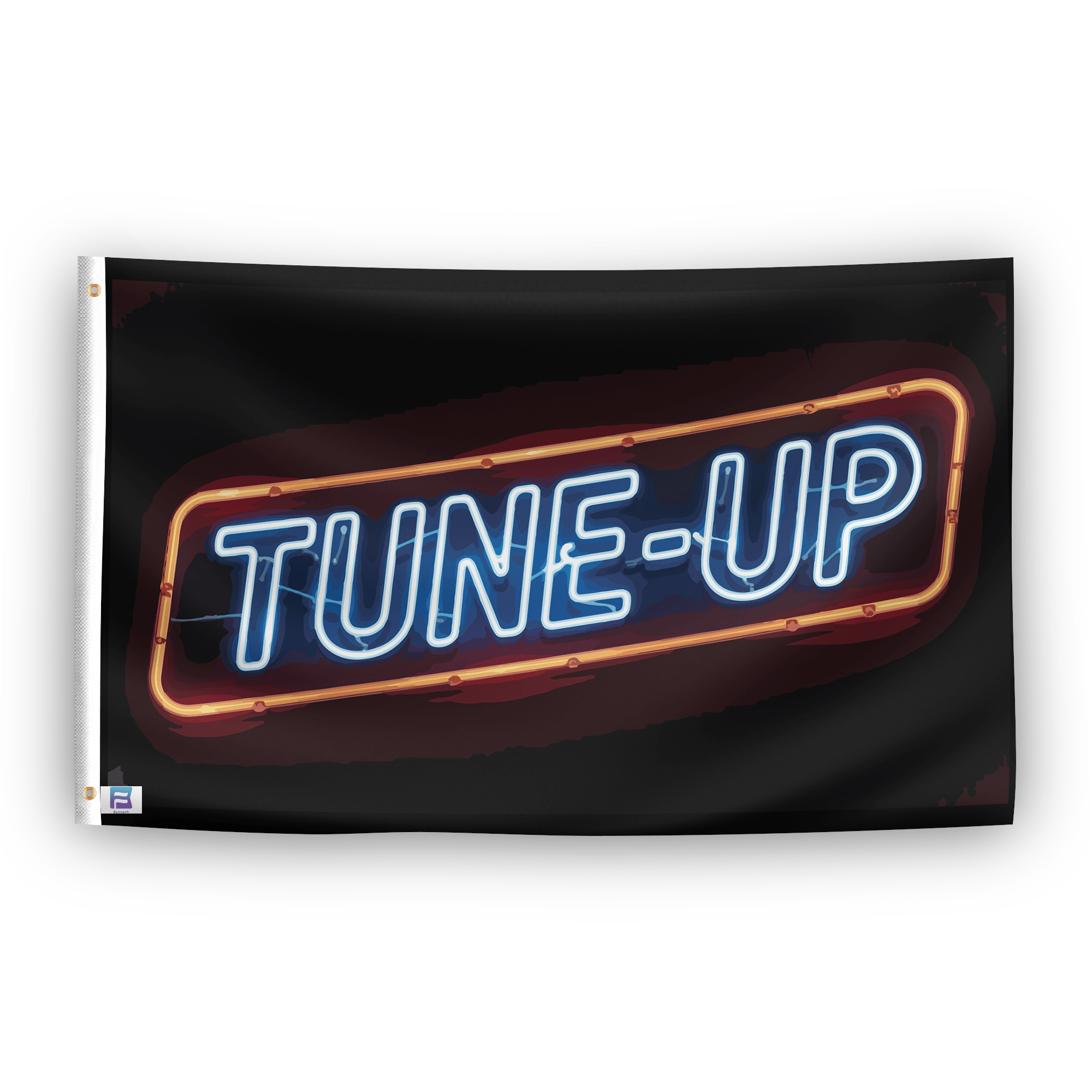 A flag with the saying "Tune Up", with a neon style color scheme.